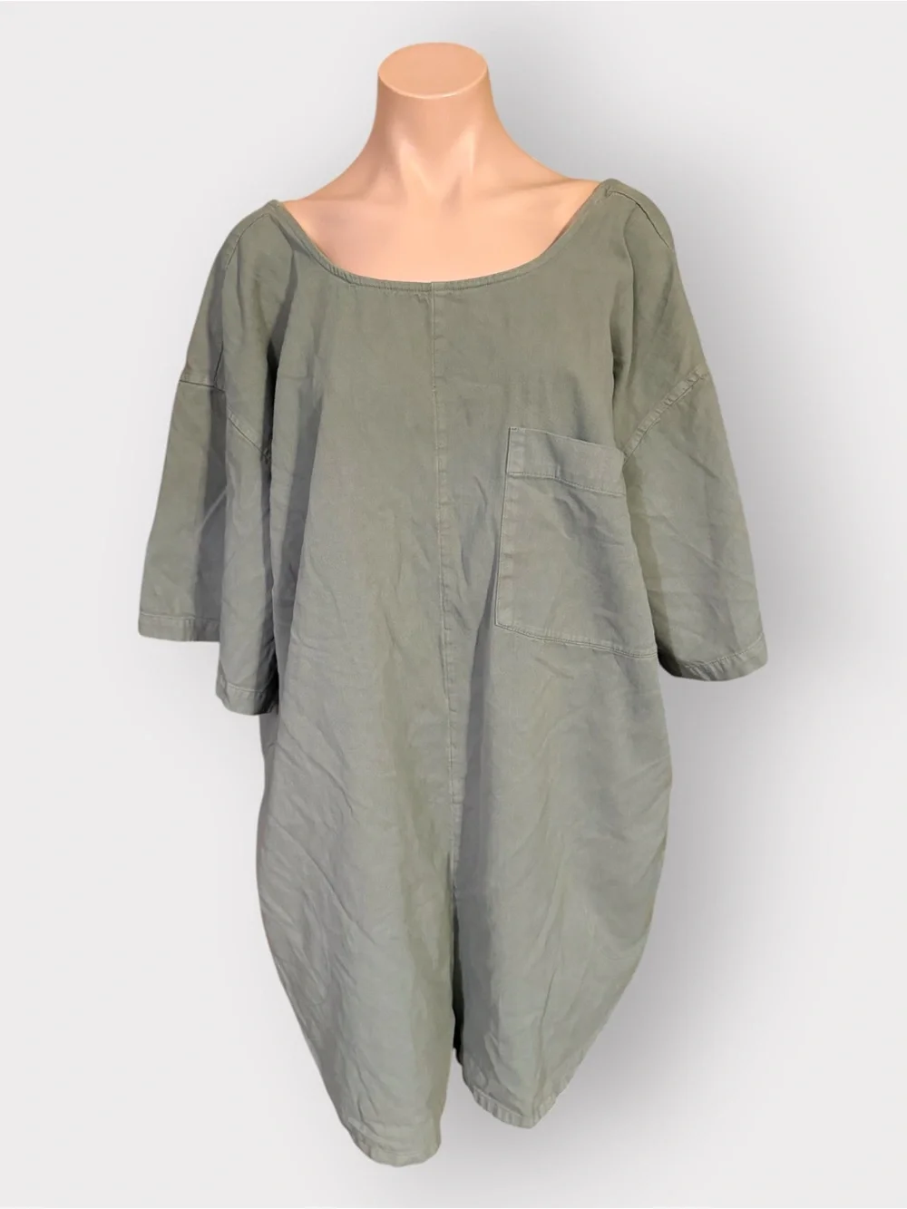 ⁠Free People Free Est Beach Womens XL Dean Denim Romper Khaki Green Jumpsuit